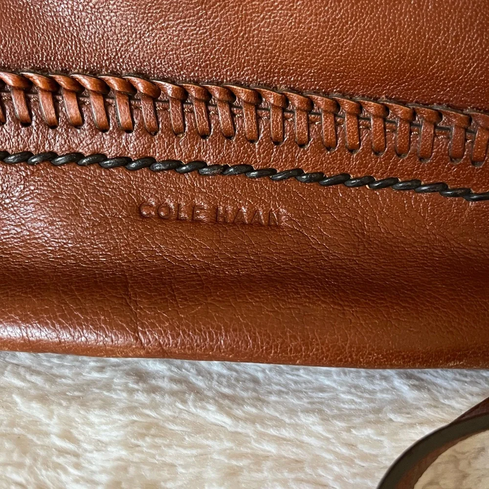 Cole Haan Brown Premium Leather Bucket Bag with Stitching Detail